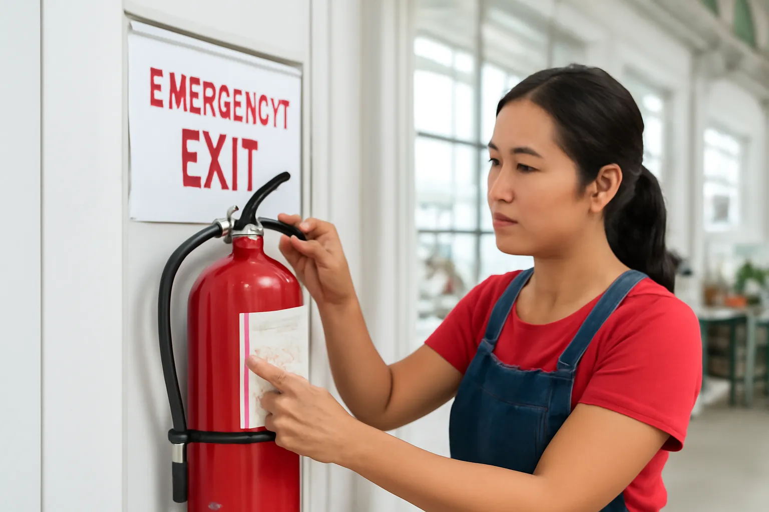 Nữ chủ xưởng kiểm tra bình chữa cháy màu đỏ đặt cạnh lối thoát hiểm