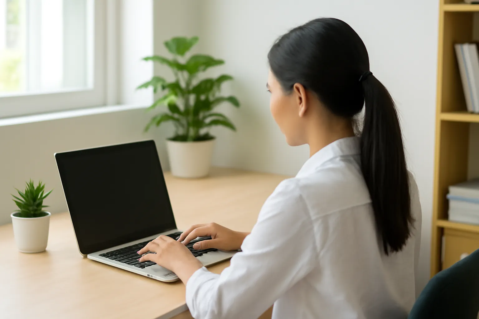 Nữ nhân viên văn phòng làm việc trên laptop quay lưng về máy ảnh, bàn gỗ sáng