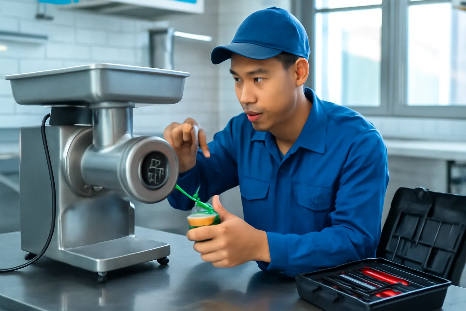Thợ kỹ thuật tra dầu cho máy xay công nghiệp trong bếp nhà hàng sáng sủa