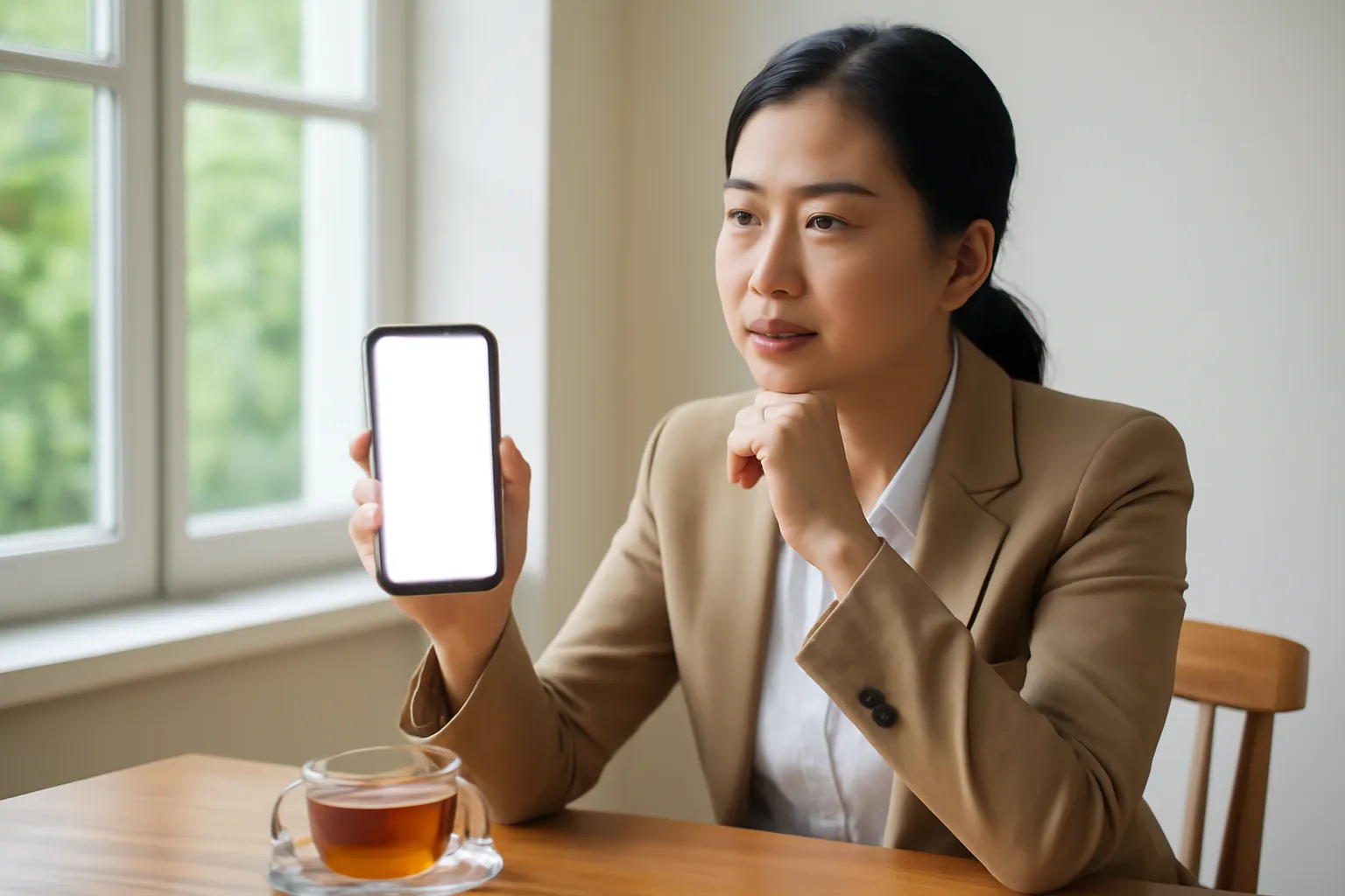 Người phụ nữ ngồi bàn gỗ cầm điện thoại màn hình trống, bên cạnh ly trà