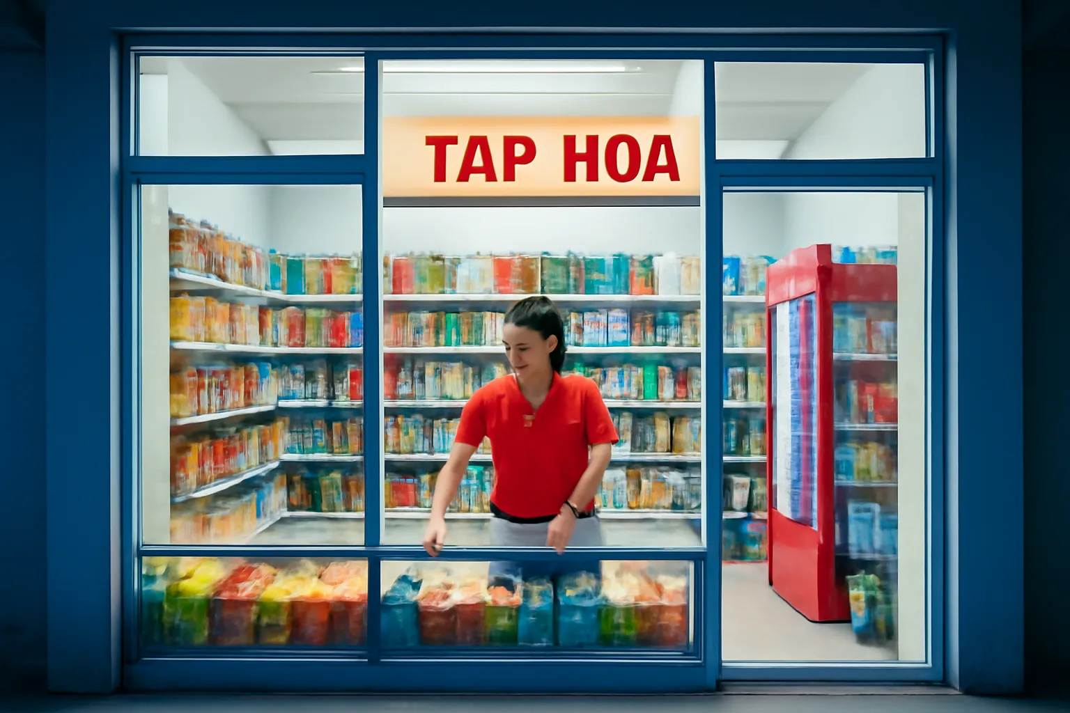 Cửa hàng tiện lợi sáng đèn ban đêm, nhân viên lau quầy, ngoài trời tối xanh