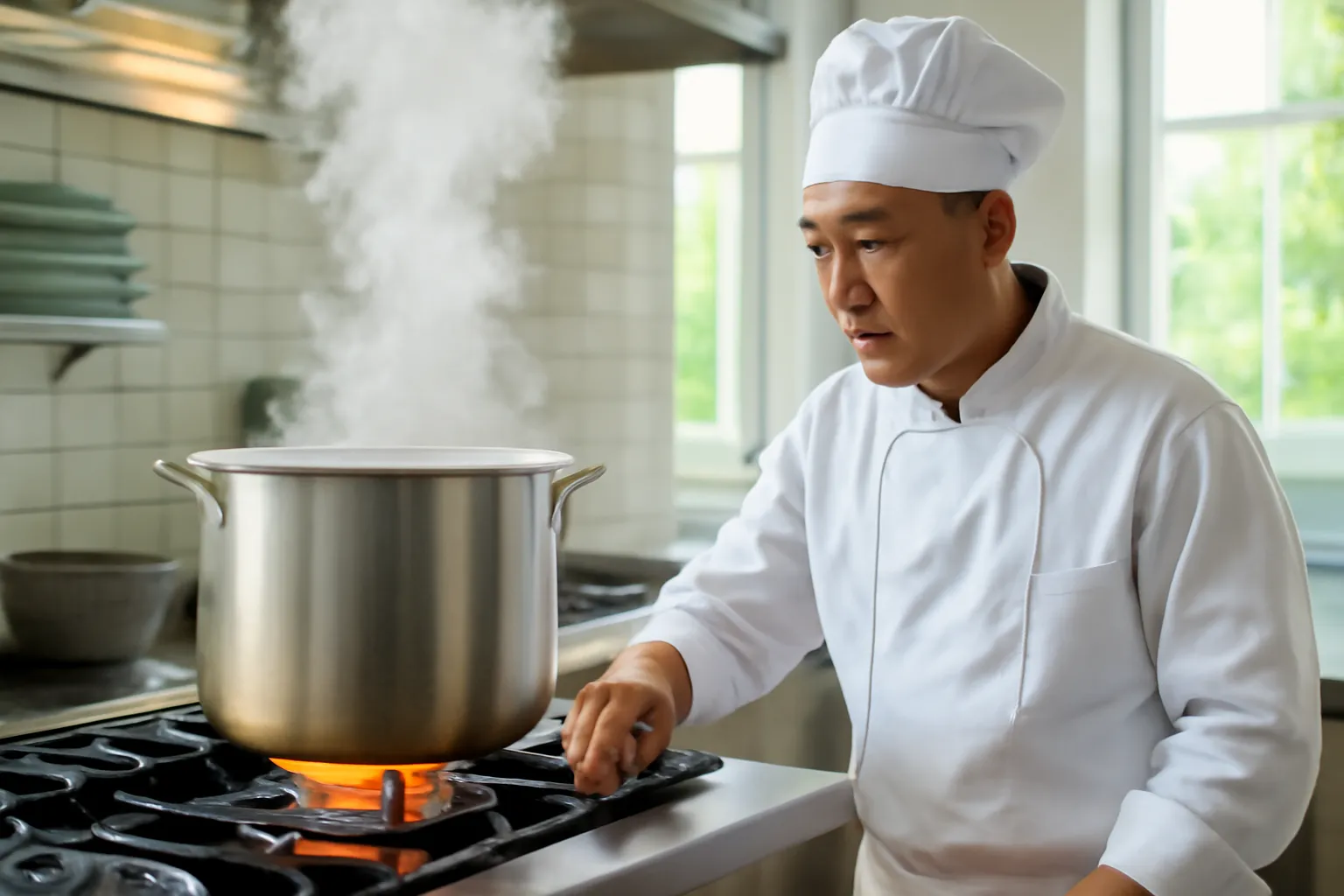 Đầu bếp vặn nhỏ lửa bếp gas trong bếp nhà hàng, hơi nước bốc lên từ nồi