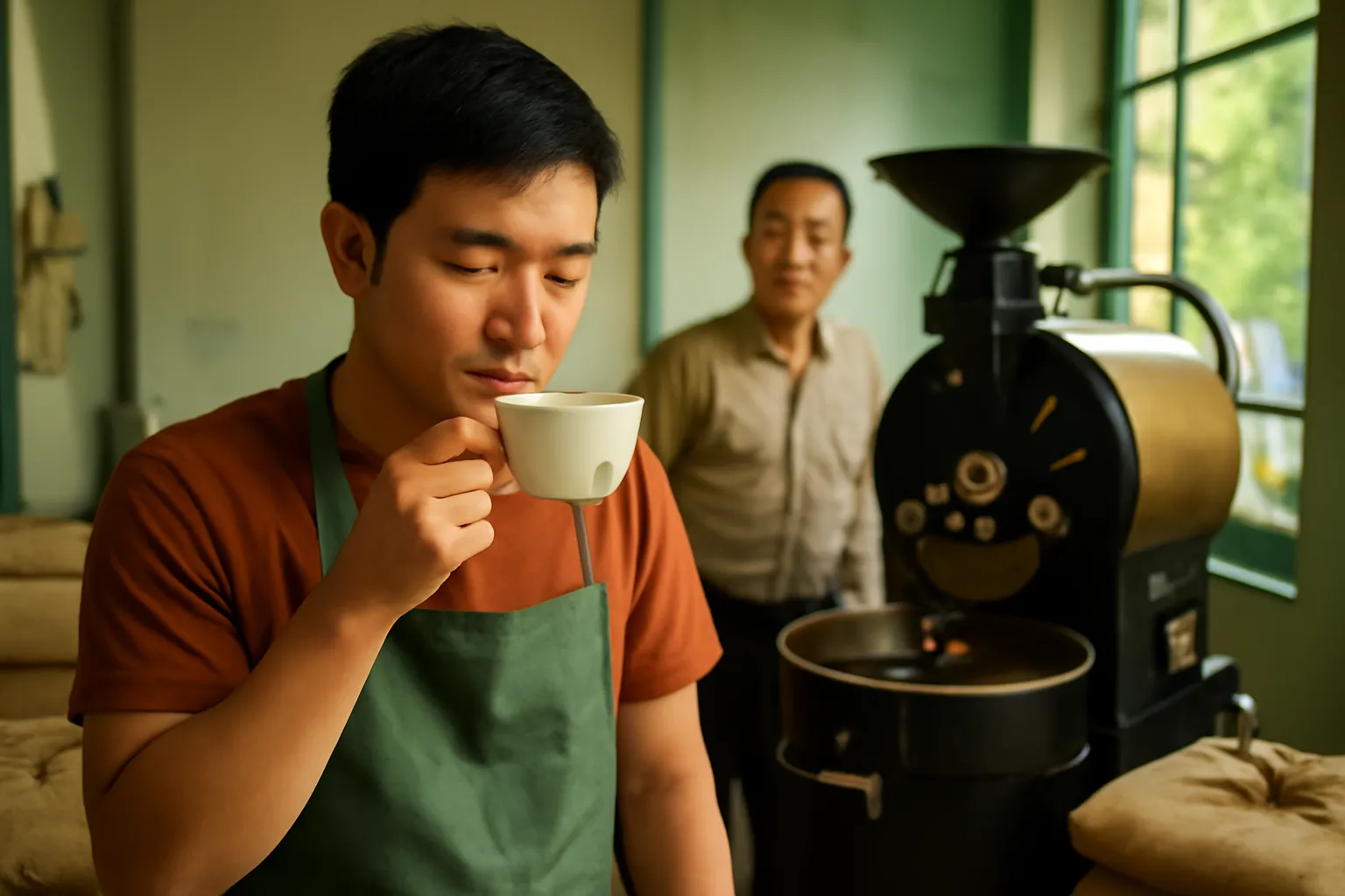 Chủ quán cà phê nếm thử cà phê tại xưởng rang nhỏ bên những bao tải hạt