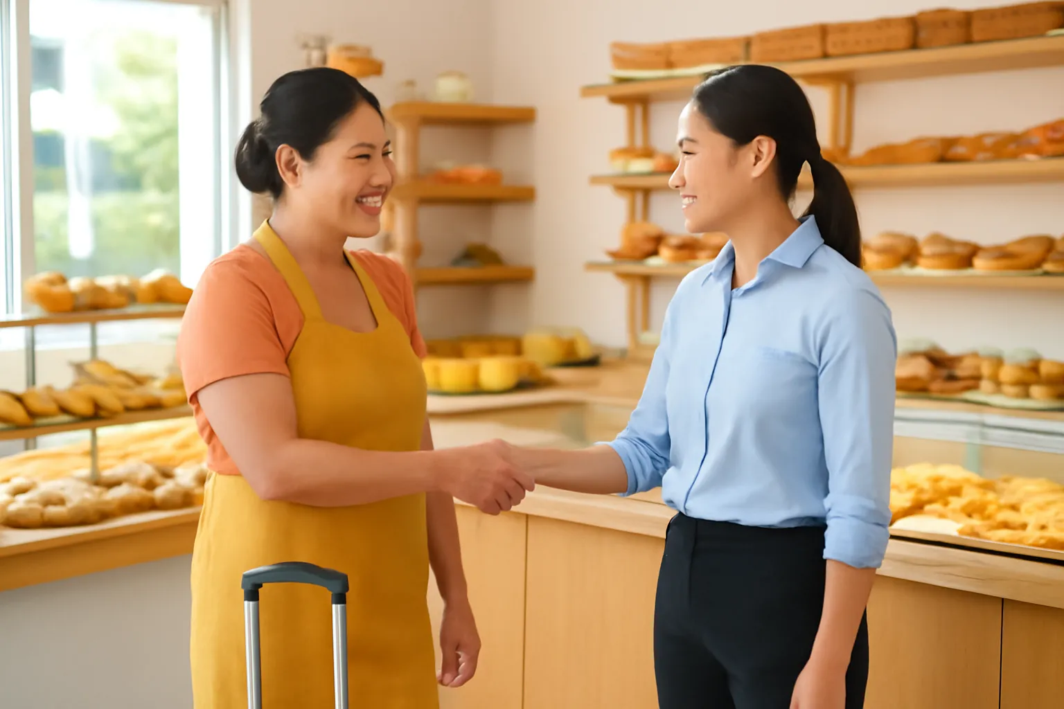 Chủ tiệm bánh bắt tay quản lý bên quầy, chiếc va li kéo đặt cạnh