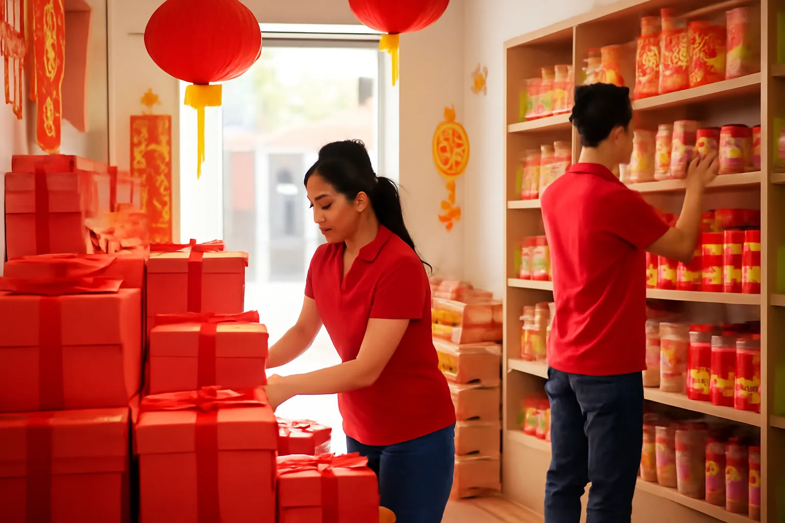 Kho nhỏ chất thùng hàng dán ruy băng đỏ, nhân viên xếp hàng lên kệ