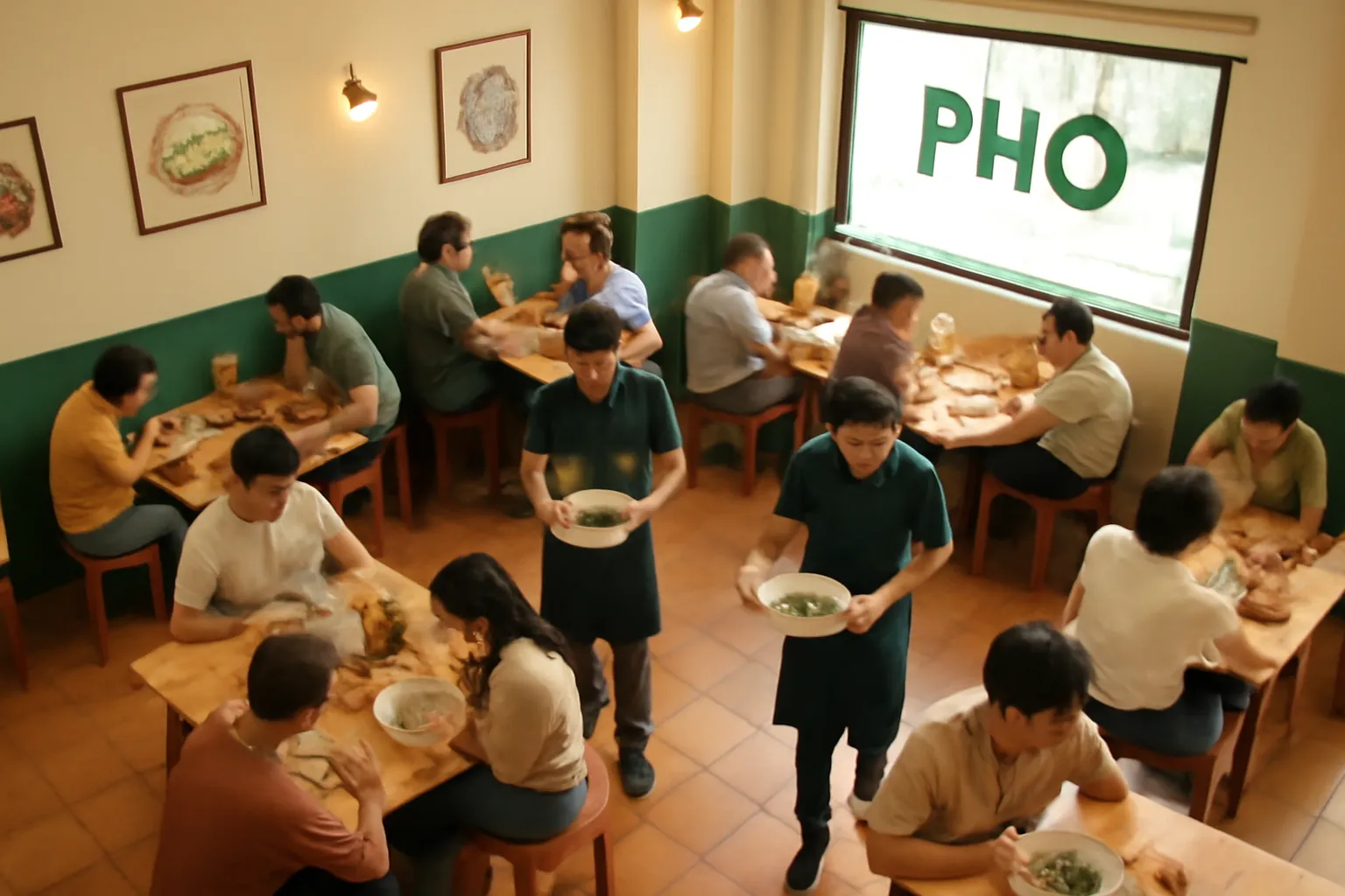 Quán phở buổi sáng đông kín bàn nhìn từ trên gác xuống