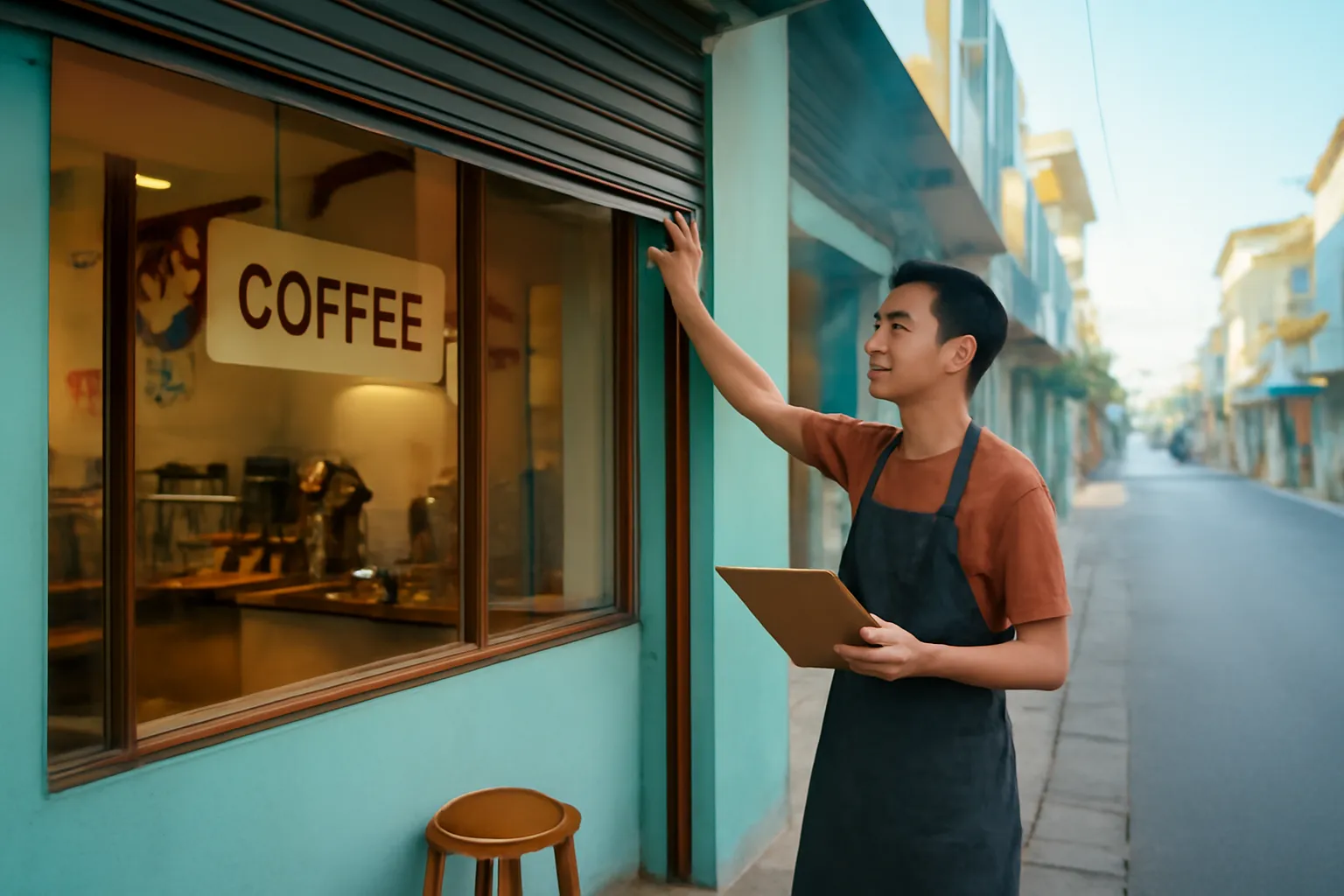 Nhân viên trẻ kéo cửa cuốn quán cà phê buổi sáng sớm, tay cầm bìa kẹp giấy