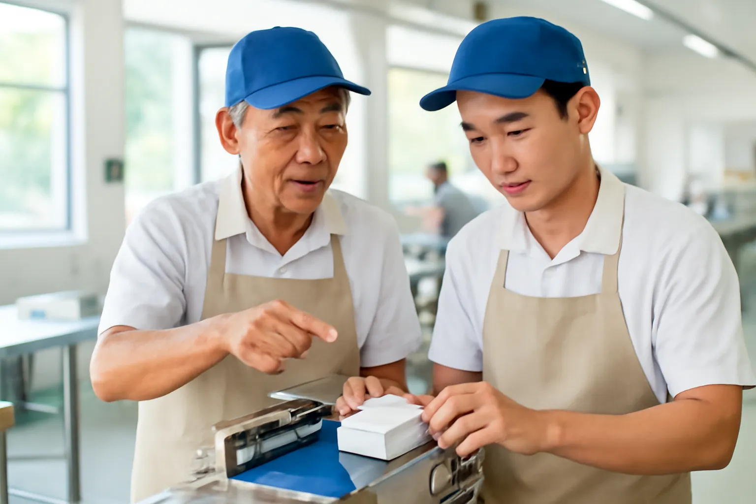 Thợ lớn tuổi chỉ cho thợ trẻ vận hành máy đóng gói trong xưởng sáng