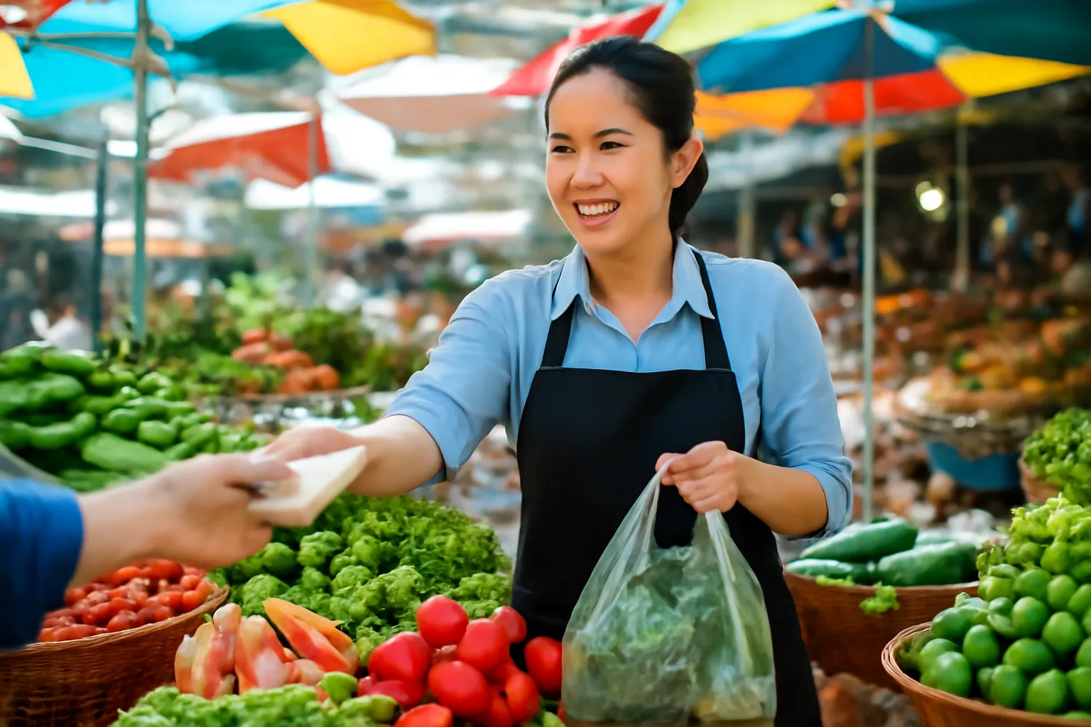 Nữ quản lý trả tiền cho người bán ở sạp chợ, tay xách túi đồ tươi