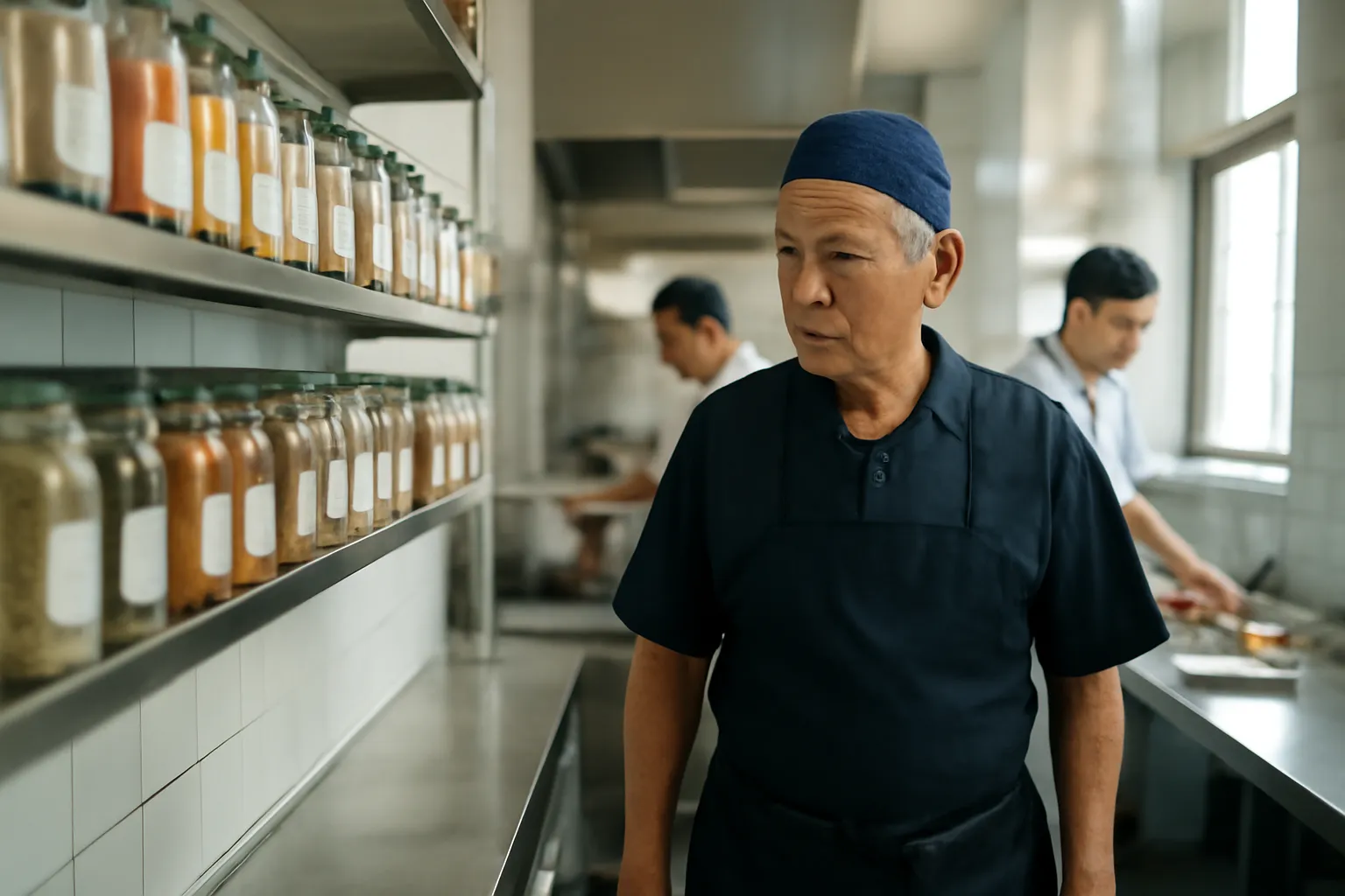 Chủ quán lớn tuổi đi dọc lối bếp nhìn kệ gia vị, nhân viên đang làm việc
