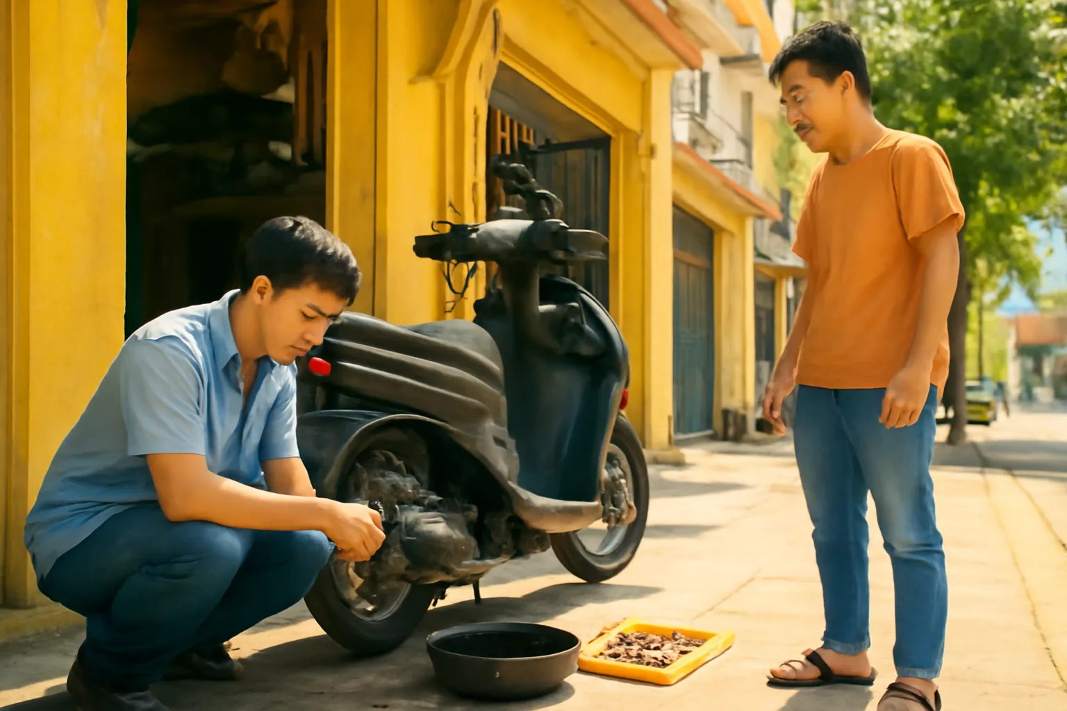 Thợ trẻ thay nhớt xe máy ở tiệm vỉa hè, khách đứng chờ dưới nắng trưa