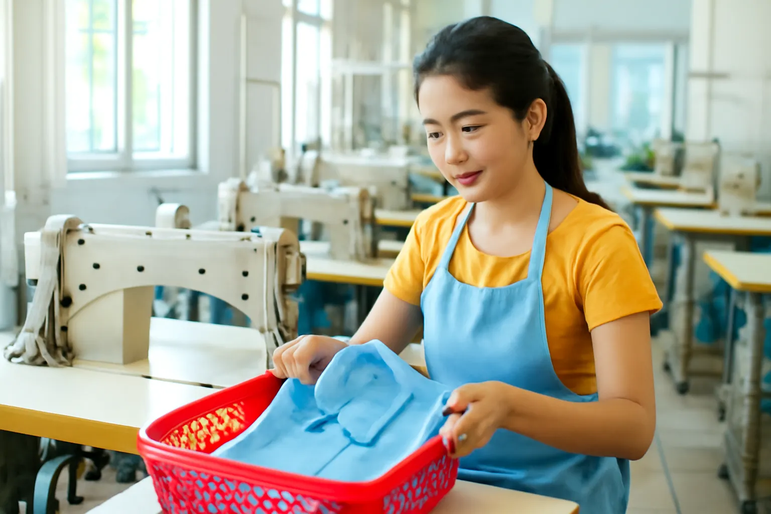 Cô thợ xưởng may nhỏ đặt chiếc áo lỗi vào giỏ nhựa đỏ riêng bên máy may