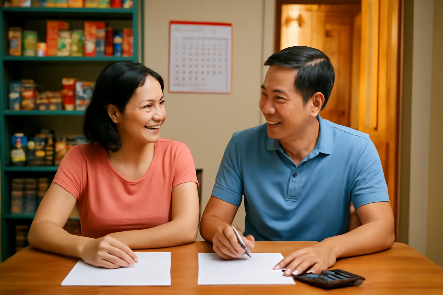 Vợ chồng chủ tiệm ngồi bàn ăn tối với cuốn lịch treo tường và giấy nháp