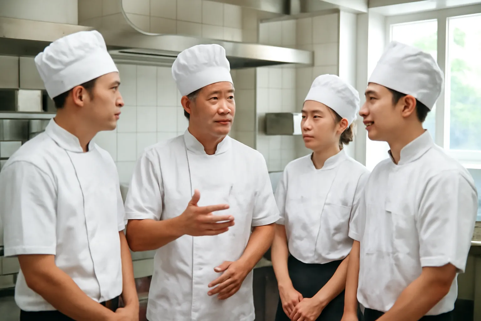 Bốn nhân viên bếp đứng thành vòng tròn trước giờ mở cửa, bếp trưởng đang nói