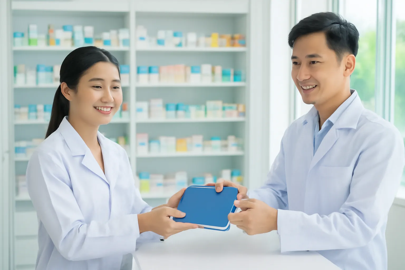 Hai nhân viên nhà thuốc trao cuốn sổ bìa xanh cho nhau tại quầy sáng