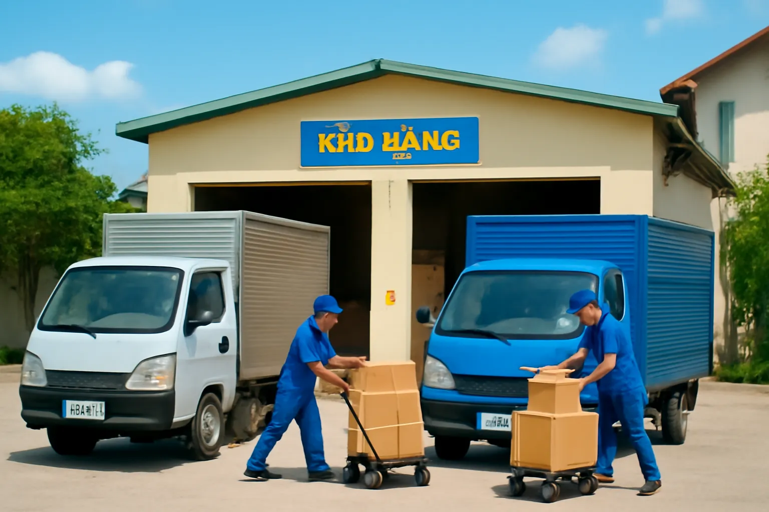 Hai xe tải nhỏ đỗ cạnh nhau trước kho, công nhân đang dỡ các thùng hàng