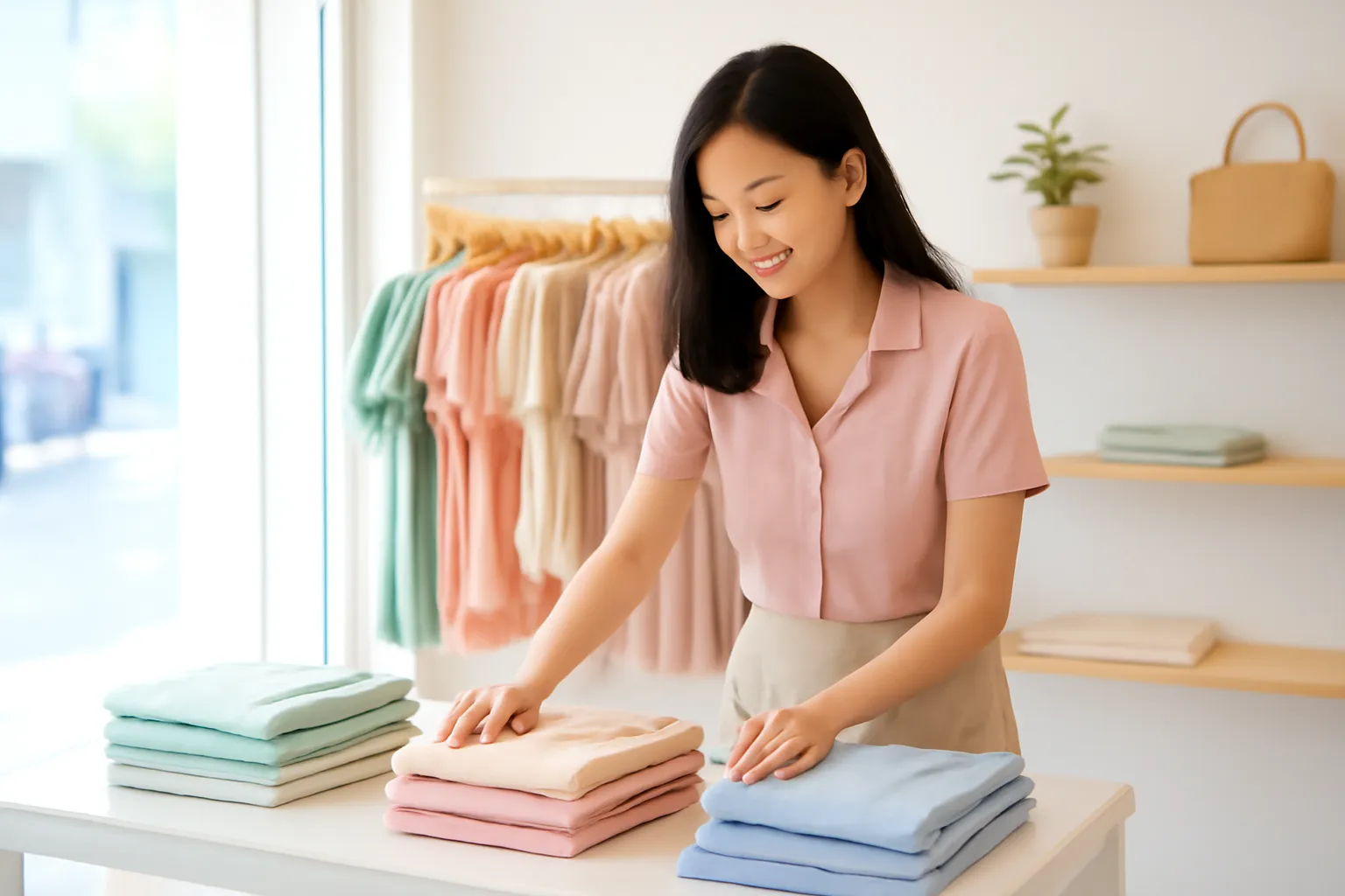 Chủ tiệm thời trang sắp lại những chiếc áo xếp gọn trên một bàn riêng