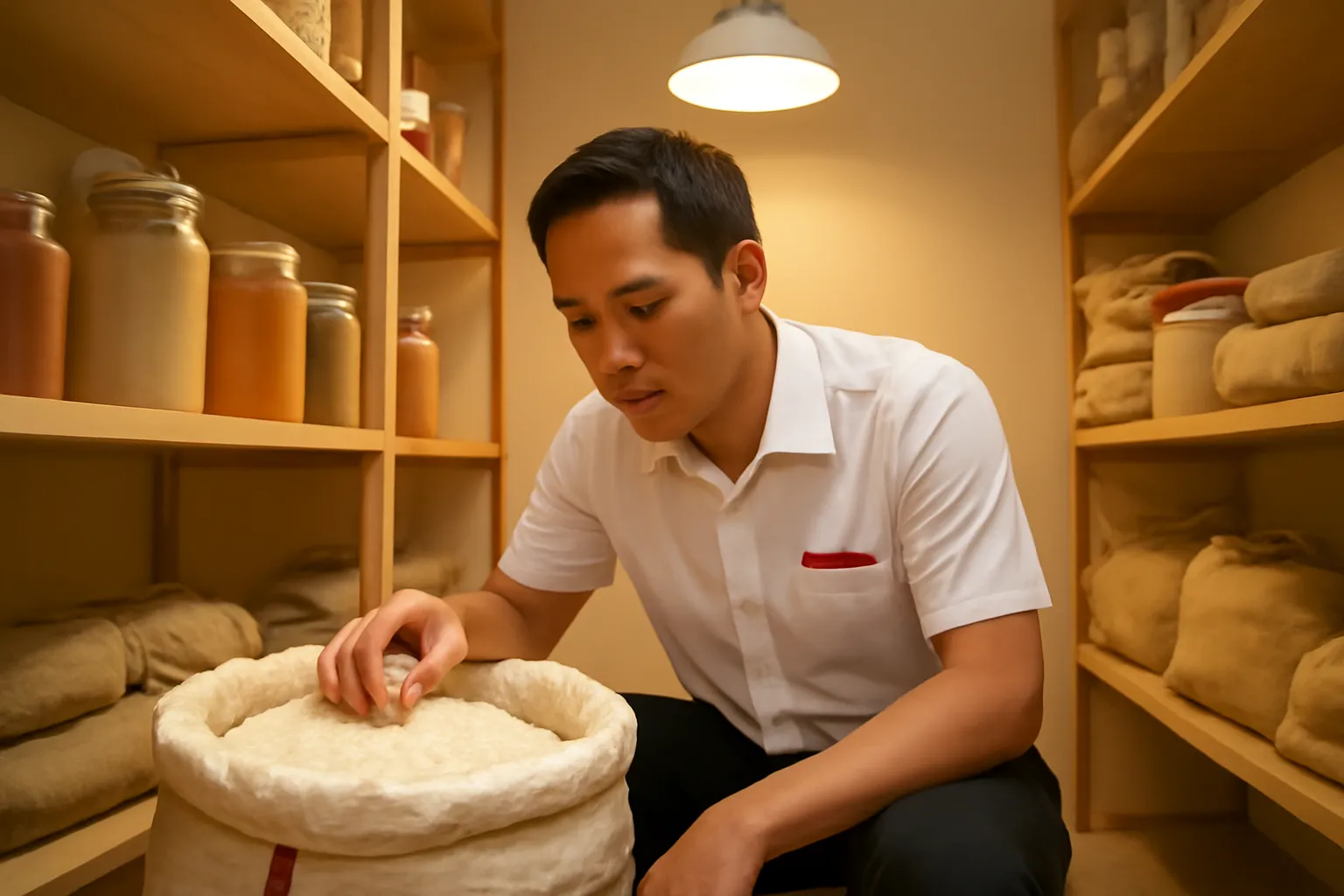 Người quản lý cúi xem bao gạo mở miệng trong kho nguyên liệu quán ăn