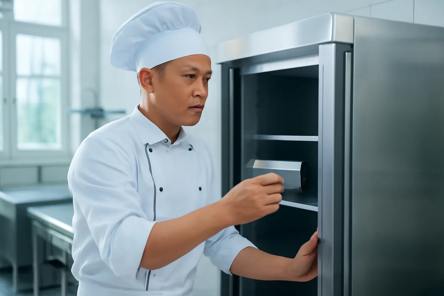 Bếp trưởng đặt hộp mẫu thức ăn có nắp vào tủ lạnh inox trong bếp sáng