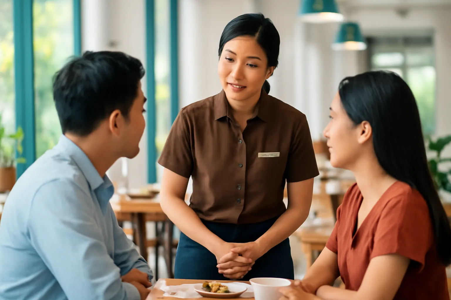 Nữ quản lý cúi người nói chuyện nhẹ nhàng với cặp khách ở bàn nhà hàng