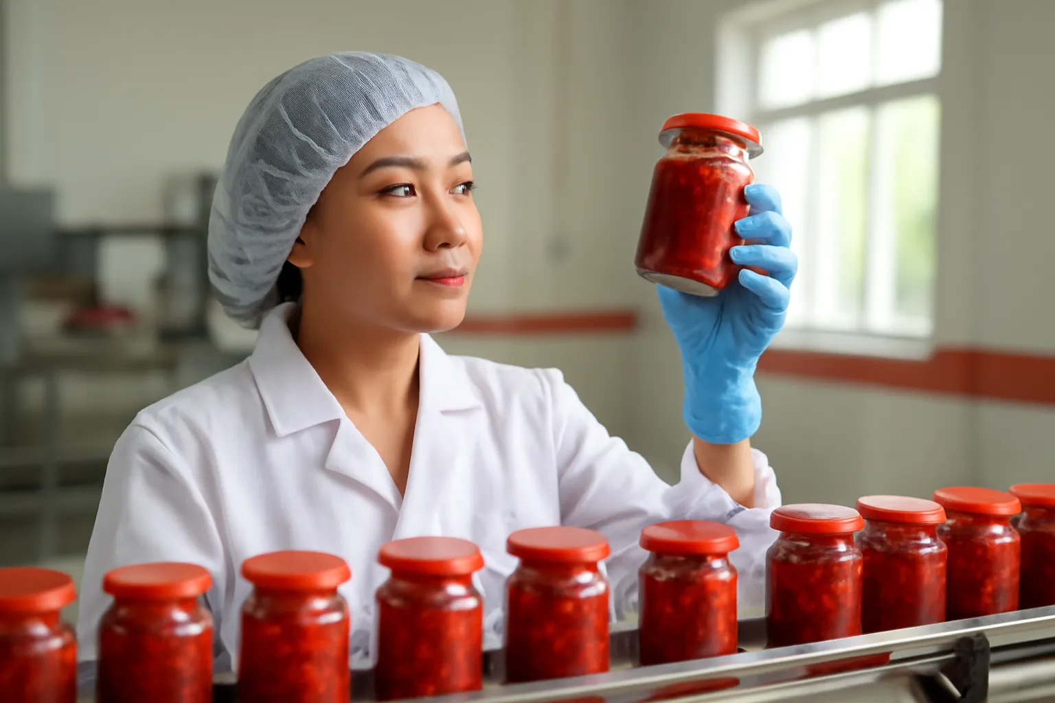 Cô công nhân cầm một hũ tương ớt soi dưới đèn cạnh băng chuyền nhỏ