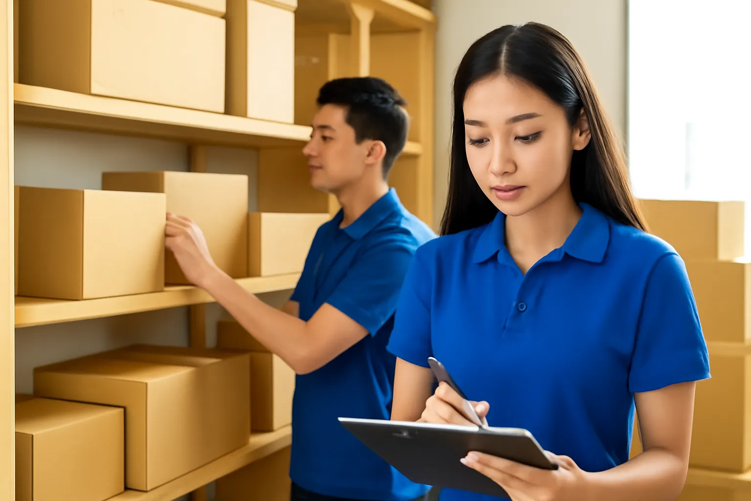 Hai nhân viên đếm hàng trên kệ gỗ, một người đếm một người ghi vào bìa kẹp