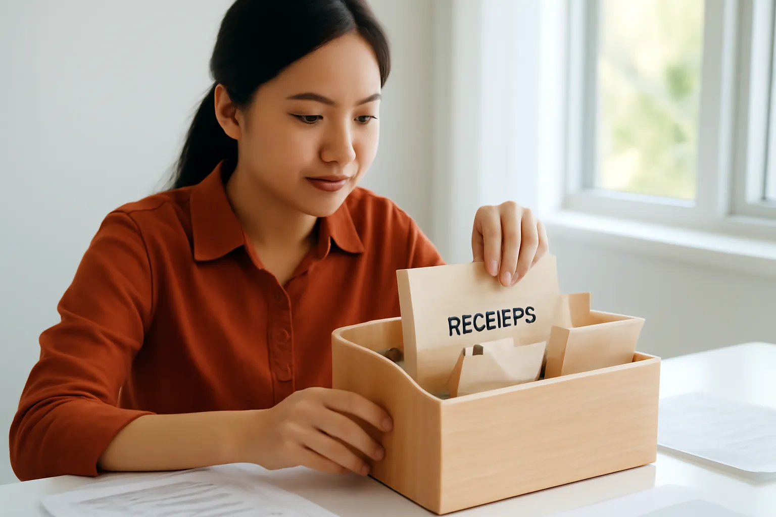 Anh kế toán trẻ xếp phong bì chứng từ vào hộp chia ngăn trên bàn gỗ