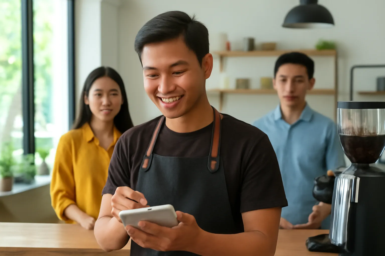 Nhân viên quán cà phê ghi đơn bằng sổ tay tại quầy ban ngày khi đèn tắt