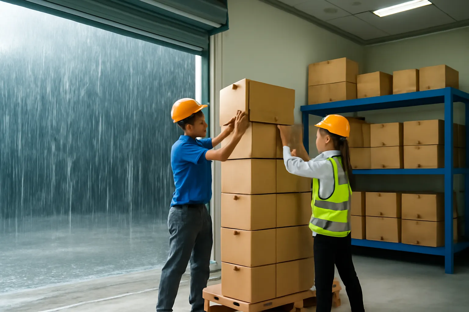 Nhân viên kê hàng lên pallet cao trong kho, ngoài cửa trời đang mưa trắng
