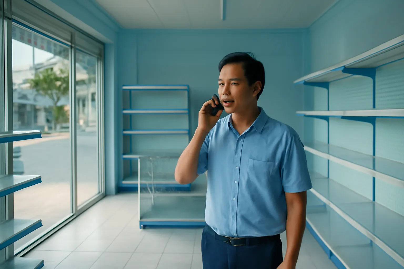 Người đàn ông đứng giữa cửa hàng vắng buổi sáng, đang gọi điện với dáng tập trung