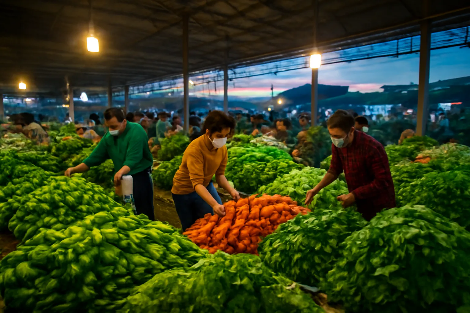 Chợ đầu mối rau quả lúc rạng sáng, người mua lựa hàng dưới ánh đèn