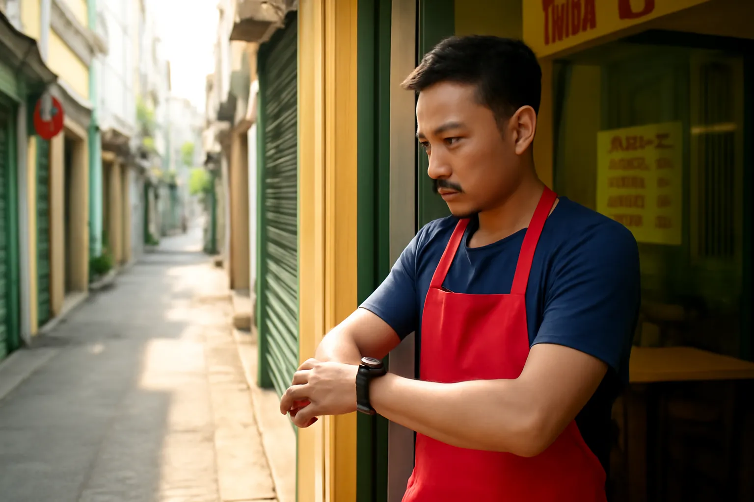 Anh chủ tiệm đứng ở cửa sau nhìn đồng hồ đeo tay, con hẻm vắng buổi sáng