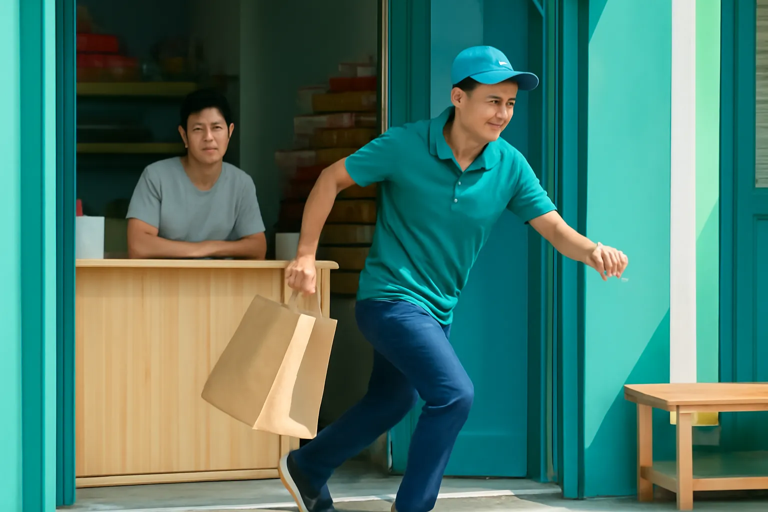 Nhân viên giao hàng chạy vội ra cửa với túi hàng, khách đứng nhìn theo