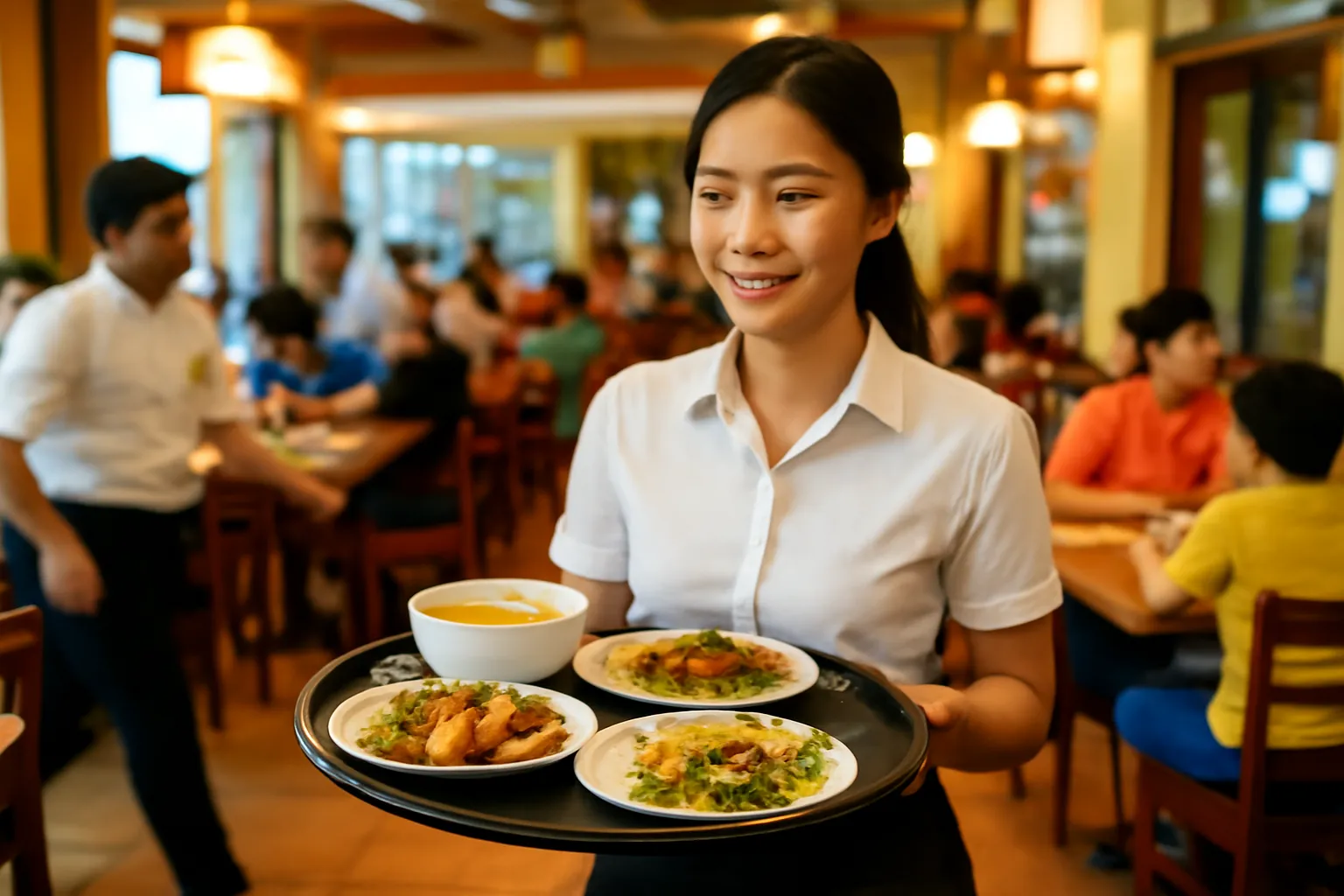 Nữ quản lý tự bưng mâm đồ ăn trong nhà hàng đông khách buổi tối