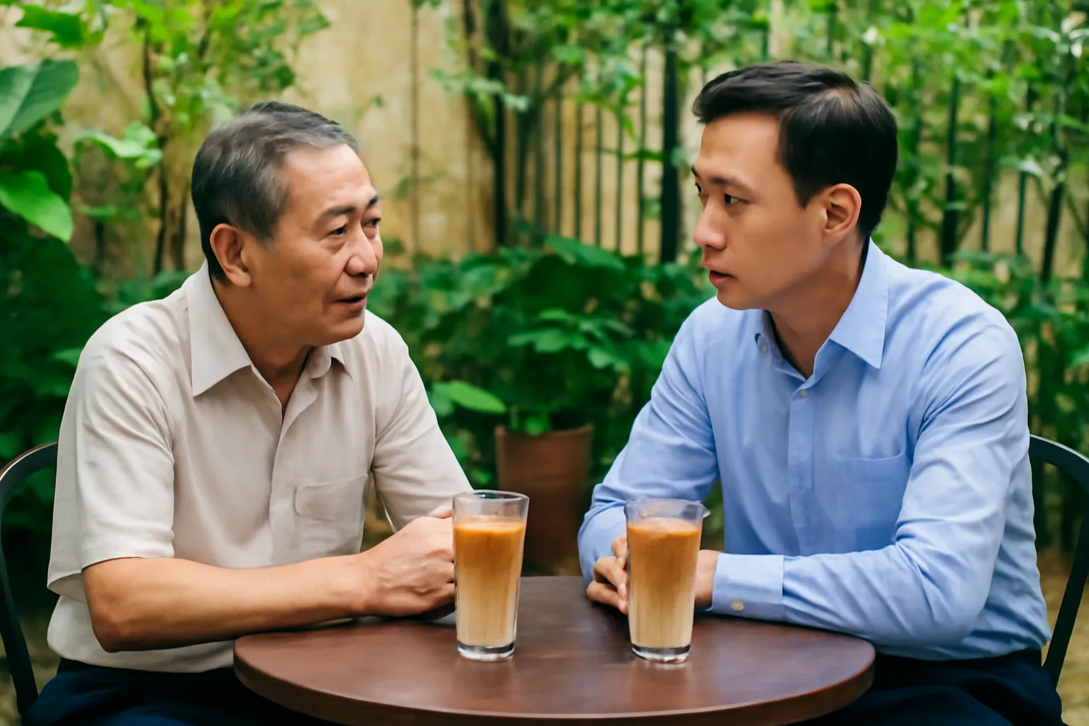 Hai người ngồi đối diện ở bàn nhỏ sân sau quán, trên bàn có ly cà phê sữa đá