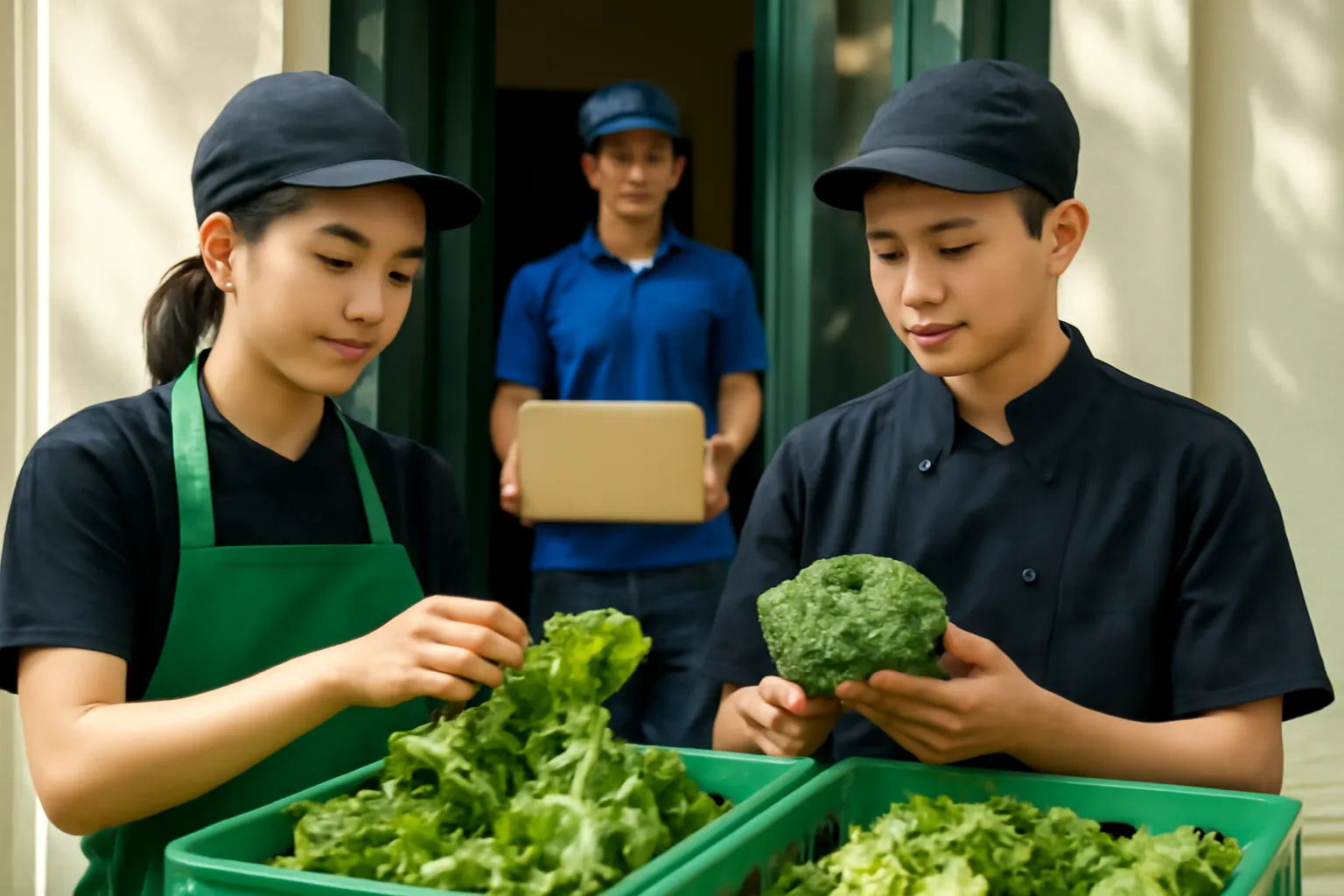 Nhân viên bếp kiểm rau trong sọt nhựa cùng người giao hàng ở cửa sau quán