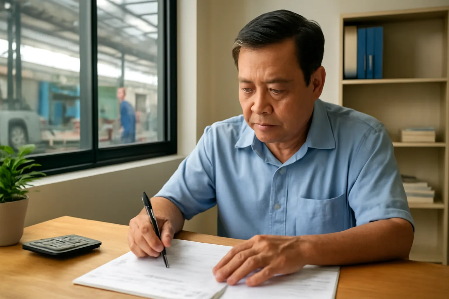 Người đàn ông trung niên gạch bớt giấy tờ trên bàn gỗ văn phòng xưởng sáng