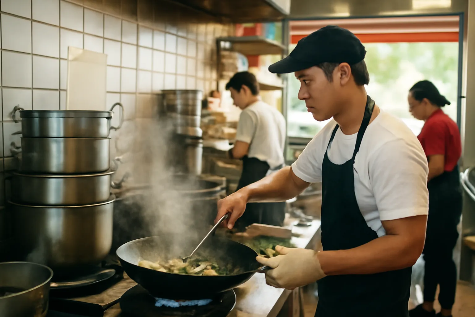 Tờ giấy quy trình dán tường bếp bị nồi che khuất, đầu bếp bận rộn phía trước