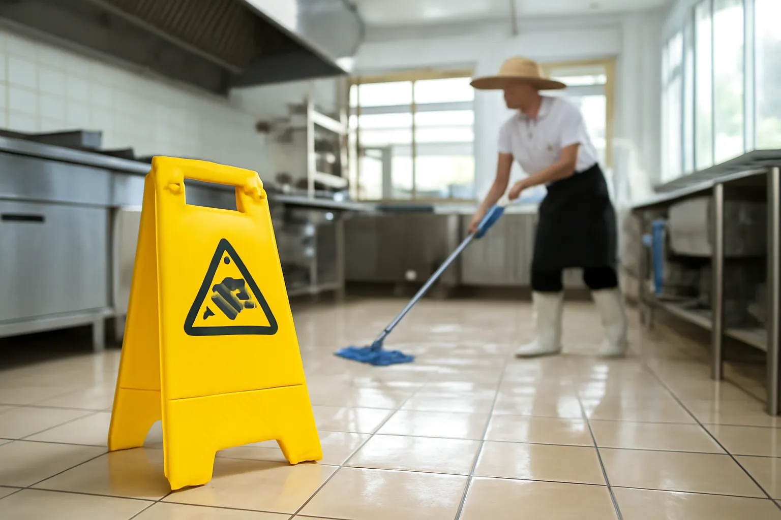 Sàn bếp ướt có biển báo tam giác màu vàng, nhân viên đang lau sàn
