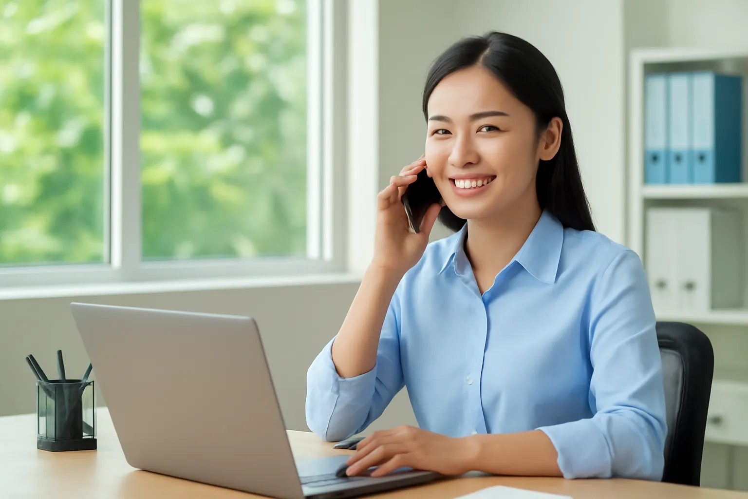 Nhân viên nữ gọi điện tại bàn văn phòng nhỏ, cửa sổ nhìn ra hàng cây xanh