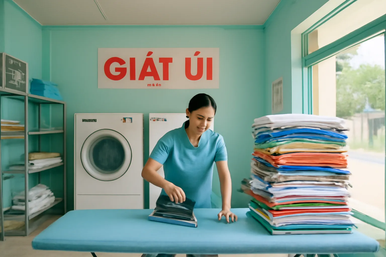 Tiệm giặt ủi có đống quần áo chờ ủi chất cao trong khi máy giặt đang trống