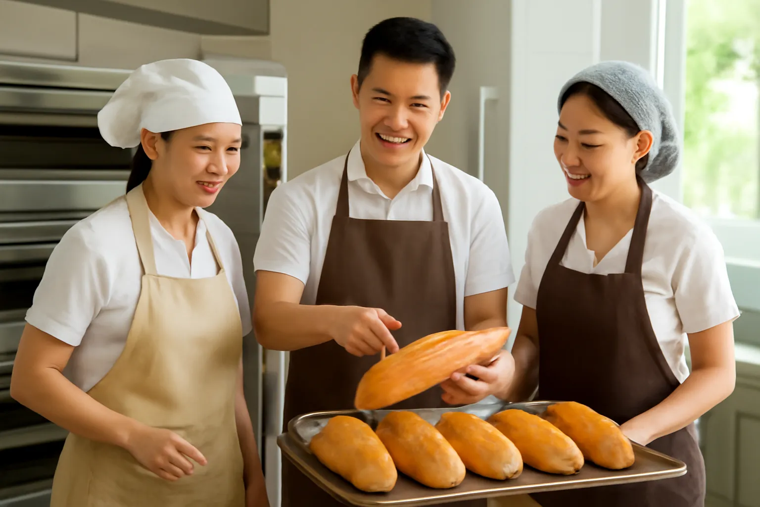 Ba thợ làm bánh đứng quanh khay bánh mì cạnh lò nướng, một người chỉ vào đáy bánh
