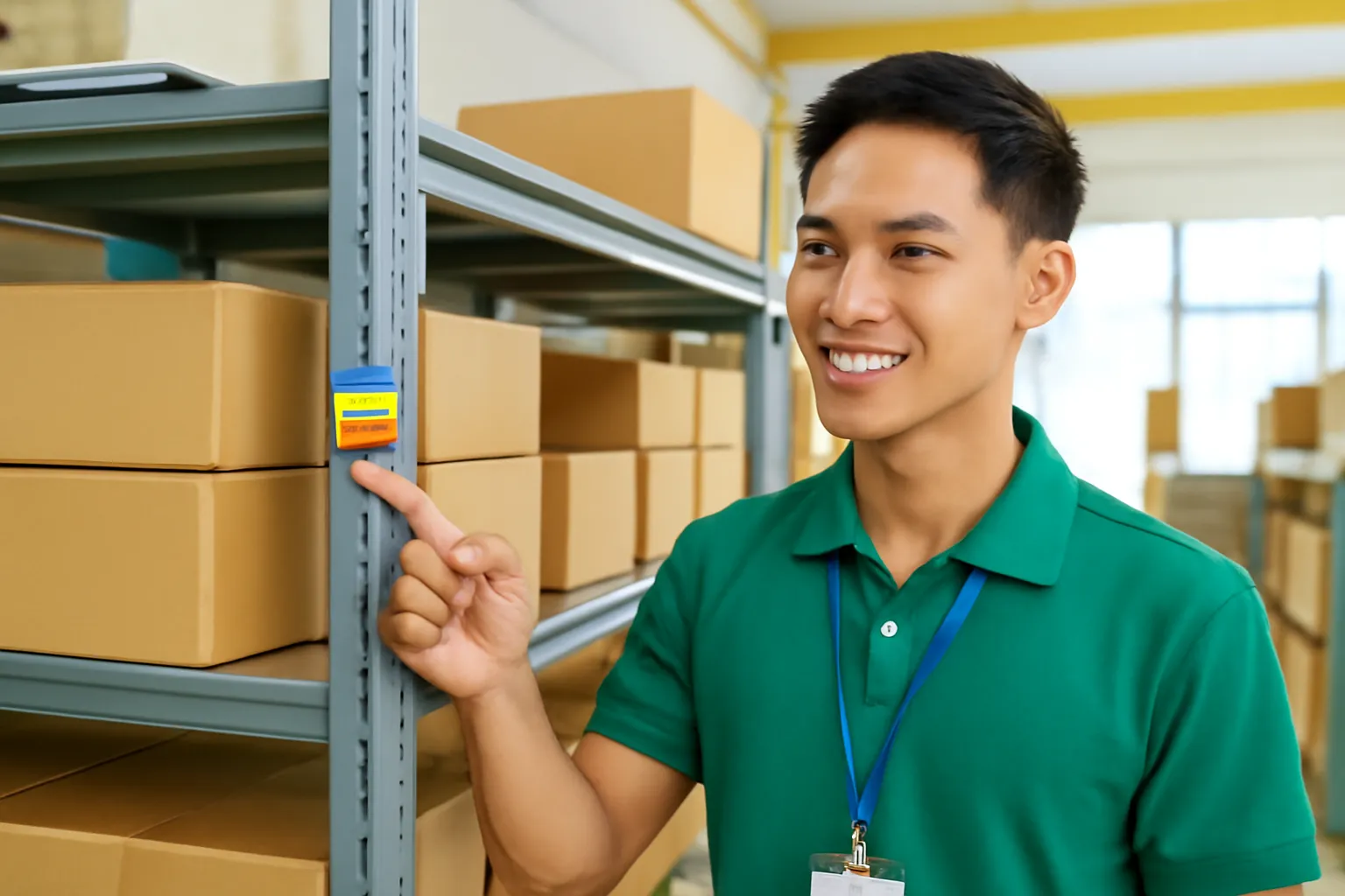 Nhân viên chỉ tay vào vạch màu đánh dấu mức hàng trên cột kệ kho