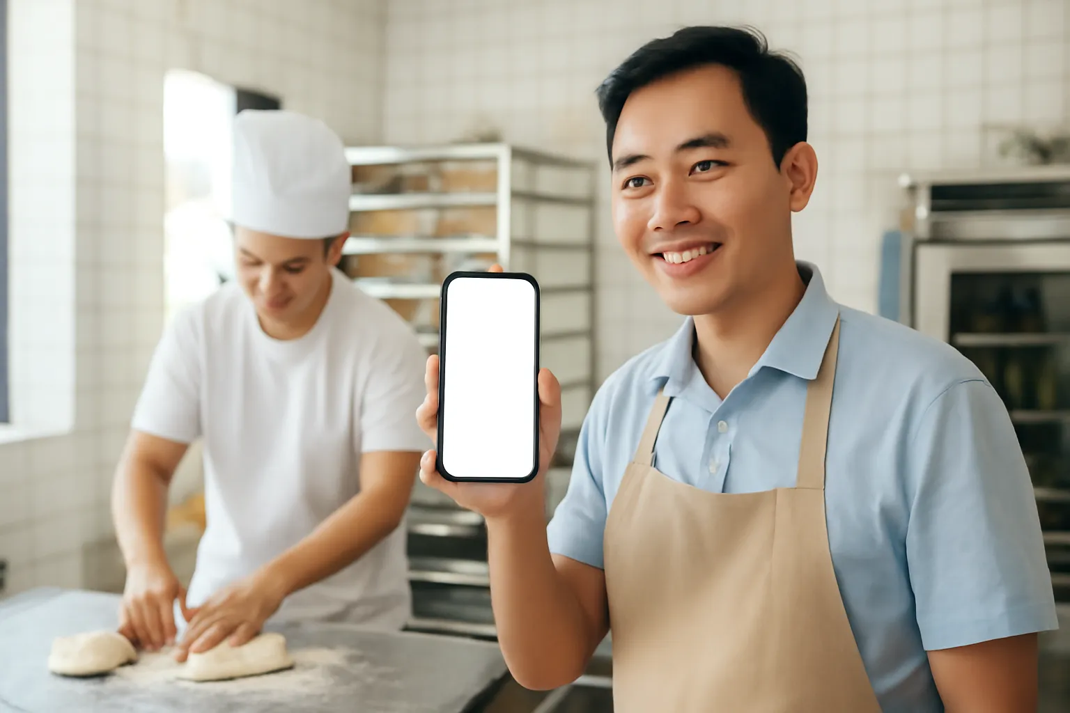Nữ quản lý tiệm bánh cầm điện thoại ghi lại thợ đang nặn bánh trong bếp sáng