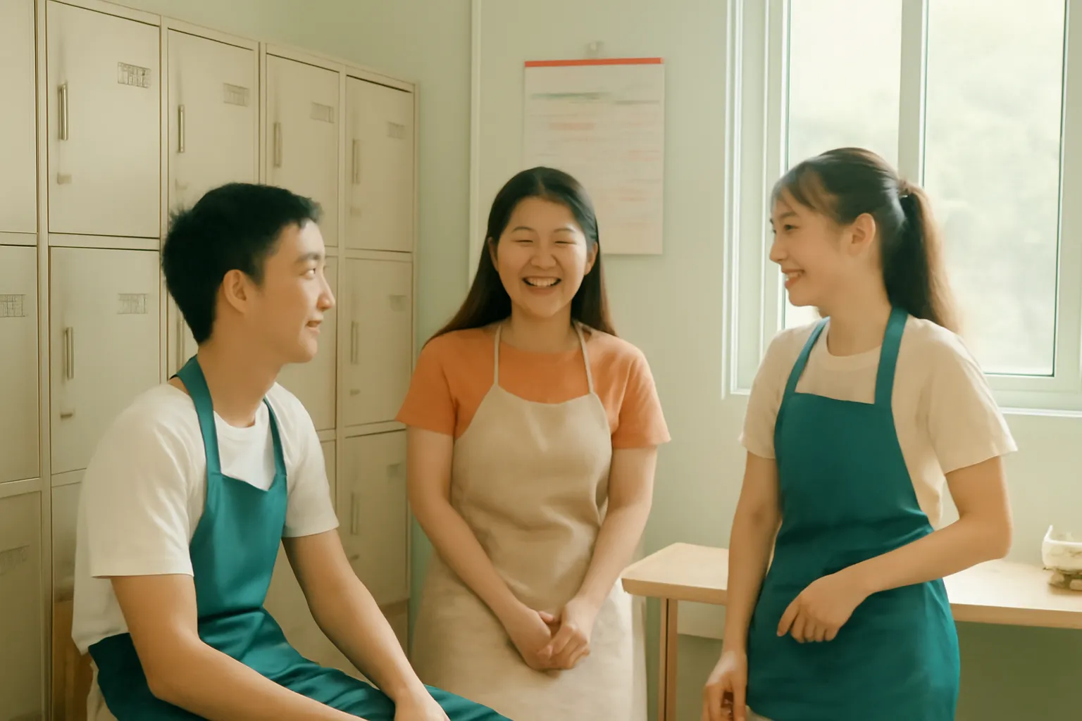 Ba sinh viên mặc tạp dề cười nói trong phòng nghỉ nhỏ của quán trà